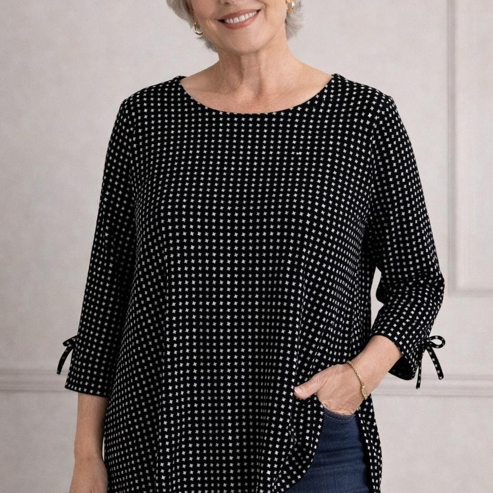Talbots Woman Petites 2XP Black White Geometric Knit Top 3/4 Tie Sleeve